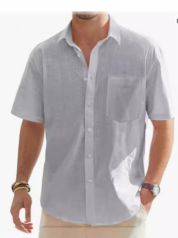 Férfi pamut és lenvászon rövid ujjú ing, lezser, gombos, stranding, nyári felső, övvel, Amazon AliExpress