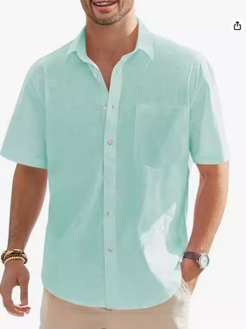 Amazon AliExpress Νέο Ανδρικό Πουκάμισο με Κοντομάνικο από Βαμβάκι και Λινό, Casual Πουκάμισο με Κουμπιά, Καλοκαιρινό Μπλούζα με Ζώνη