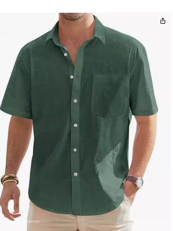 Amazon AliExpress Νέο Ανδρικό Πουκάμισο με Κοντομάνικο από Βαμβάκι και Λινό, Casual Πουκάμισο με Κουμπιά, Καλοκαιρινό Μπλούζα με Ζώνη