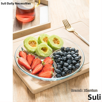 Grūdinto stiklo trijų skyrių lėkštė pusryčių stalo reikmenys valgomojo lėkštė atskiriamoji lėkštė namų apyvokos vaisių lėkštė daugiafunkcinė indų lėkštė