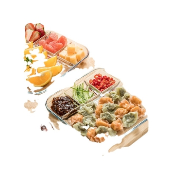 Grūdinto stiklo trijų skyrių lėkštė pusryčių stalo reikmenys valgomojo lėkštė atskiriamoji lėkštė namų apyvokos vaisių lėkštė daugiafunkcinė indų lėkštė