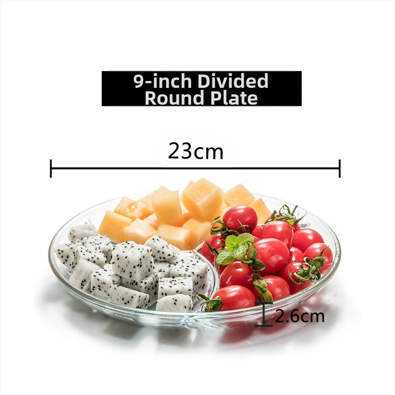 Grūdinto stiklo trijų skyrių lėkštė pusryčių stalo reikmenys valgomojo lėkštė atskiriamoji lėkštė namų apyvokos vaisių lėkštė daugiafunkcinė indų lėkštė