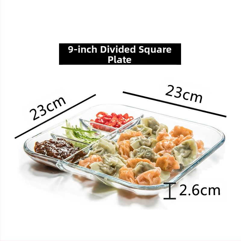 Grūdinto stiklo trijų skyrių lėkštė pusryčių stalo reikmenys valgomojo lėkštė atskiriamoji lėkštė namų apyvokos vaisių lėkštė daugiafunkcinė indų lėkštė