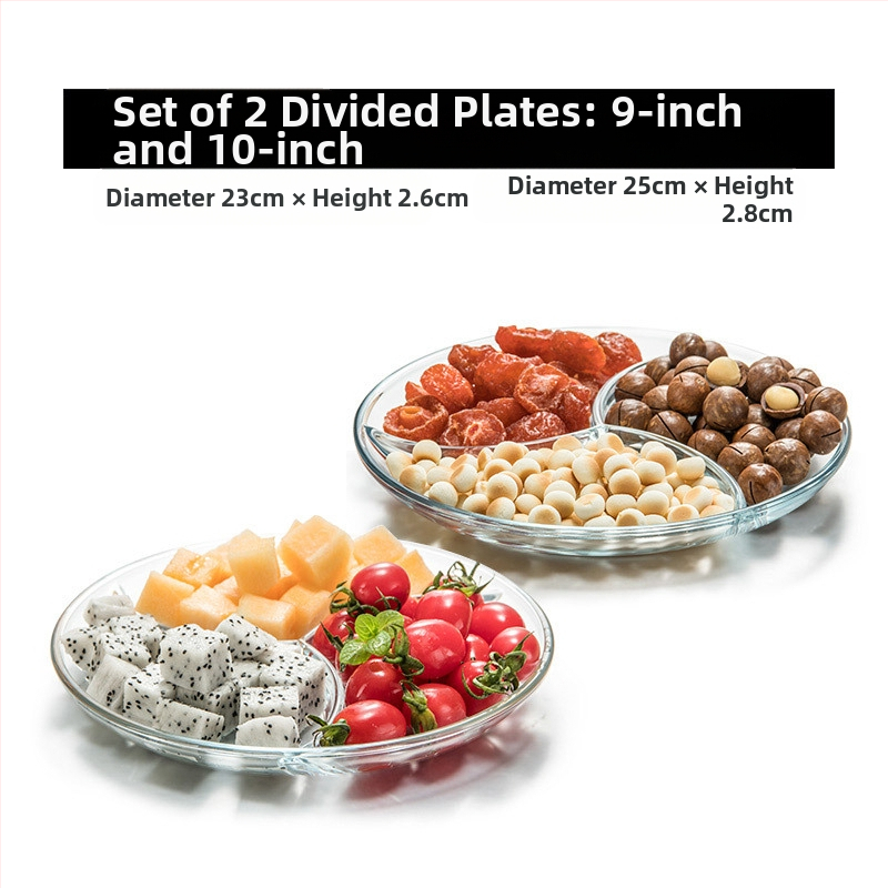 Grūdinto stiklo trijų skyrių lėkštė pusryčių stalo reikmenys valgomojo lėkštė atskiriamoji lėkštė namų apyvokos vaisių lėkštė daugiafunkcinė indų lėkštė