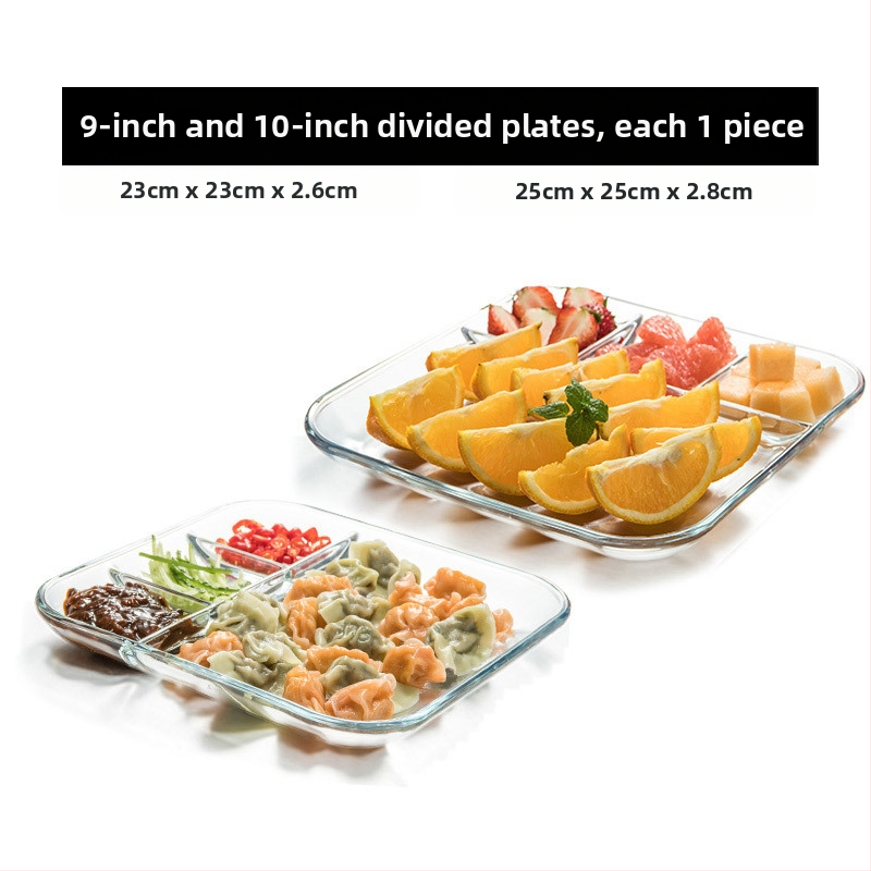 Grūdinto stiklo trijų skyrių lėkštė pusryčių stalo reikmenys valgomojo lėkštė atskiriamoji lėkštė namų apyvokos vaisių lėkštė daugiafunkcinė indų lėkštė