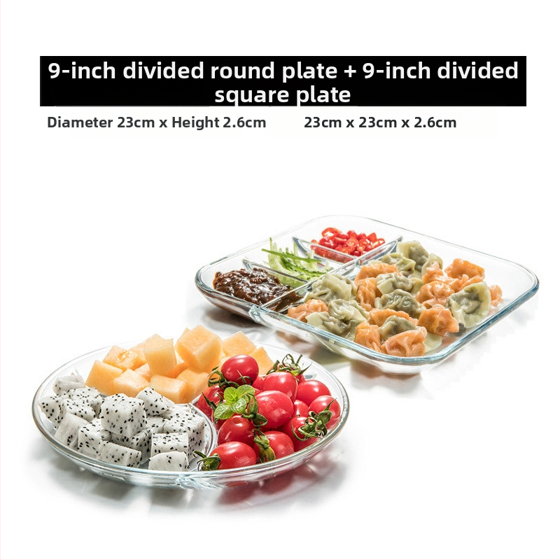 Grūdinto stiklo trijų skyrių lėkštė pusryčių stalo reikmenys valgomojo lėkštė atskiriamoji lėkštė namų apyvokos vaisių lėkštė daugiafunkcinė indų lėkštė