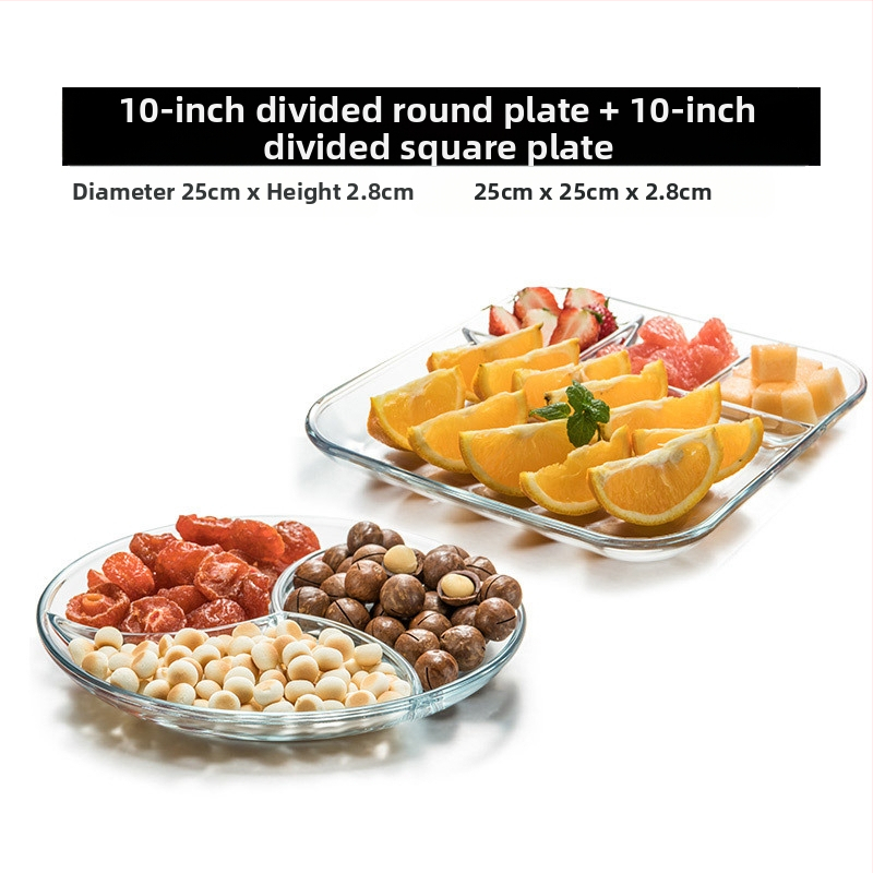 Grūdinto stiklo trijų skyrių lėkštė pusryčių stalo reikmenys valgomojo lėkštė atskiriamoji lėkštė namų apyvokos vaisių lėkštė daugiafunkcinė indų lėkštė