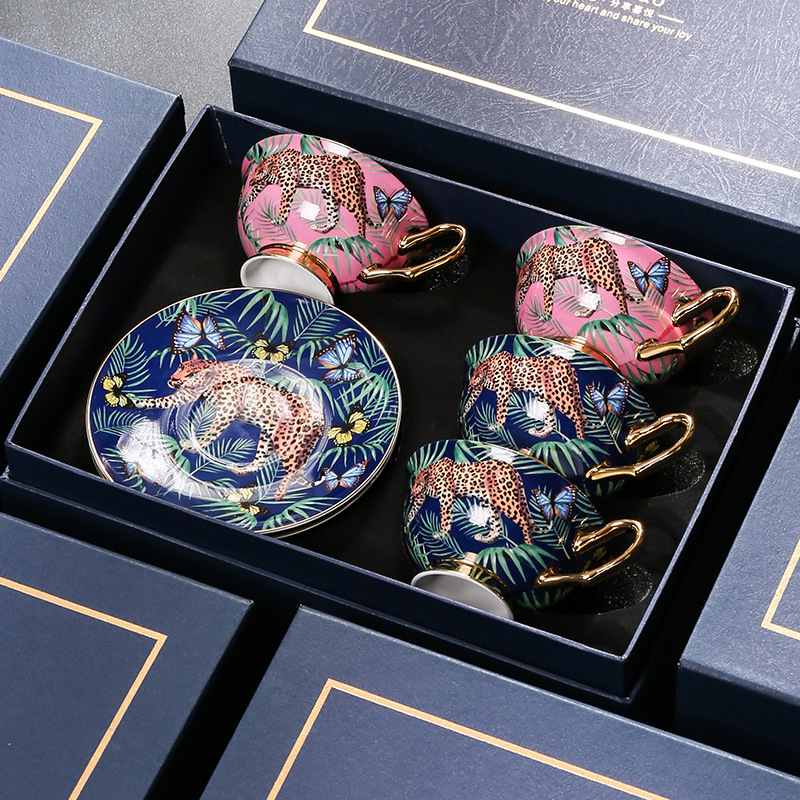 Medo Jungle Cheetah kávéscsésze, kiváló minőségű finom csontos porcelán, páros csésze, kiváló minőségű délutáni tea, teáskészlet