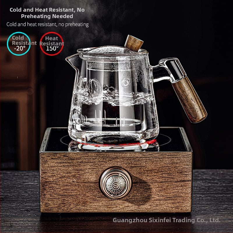 Ceainic din sticlă borosilicată, ceainic rezistent la temperaturi ridicate, mâner din lemn, ceainic cu flori, set de ceai pentru uz casnic, pentru prepararea ceaiului
