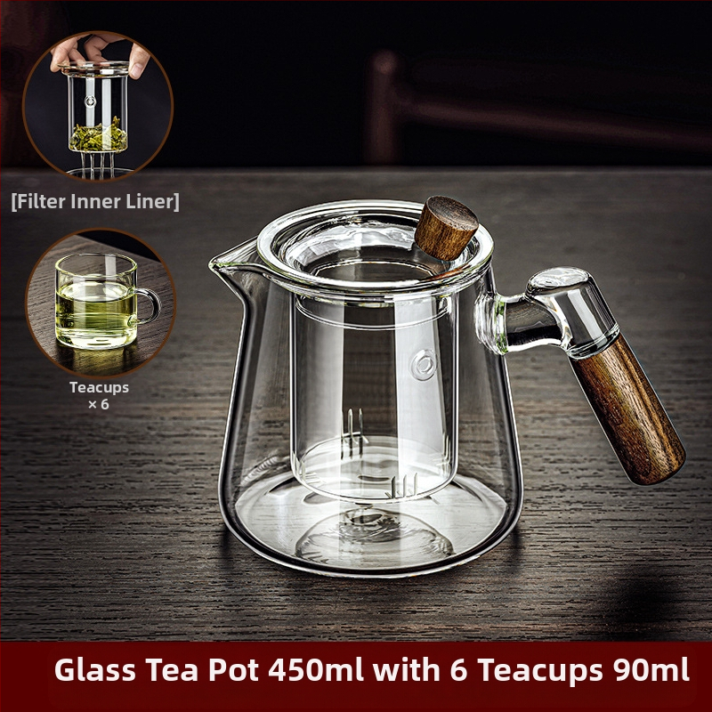 Borosilikaatklaasist pott piaoyi tass kõrge temperatuurikindel teekann tee eraldamine puidust käepide lilleline teekann majapidamises tee valmistamise teekomplekt