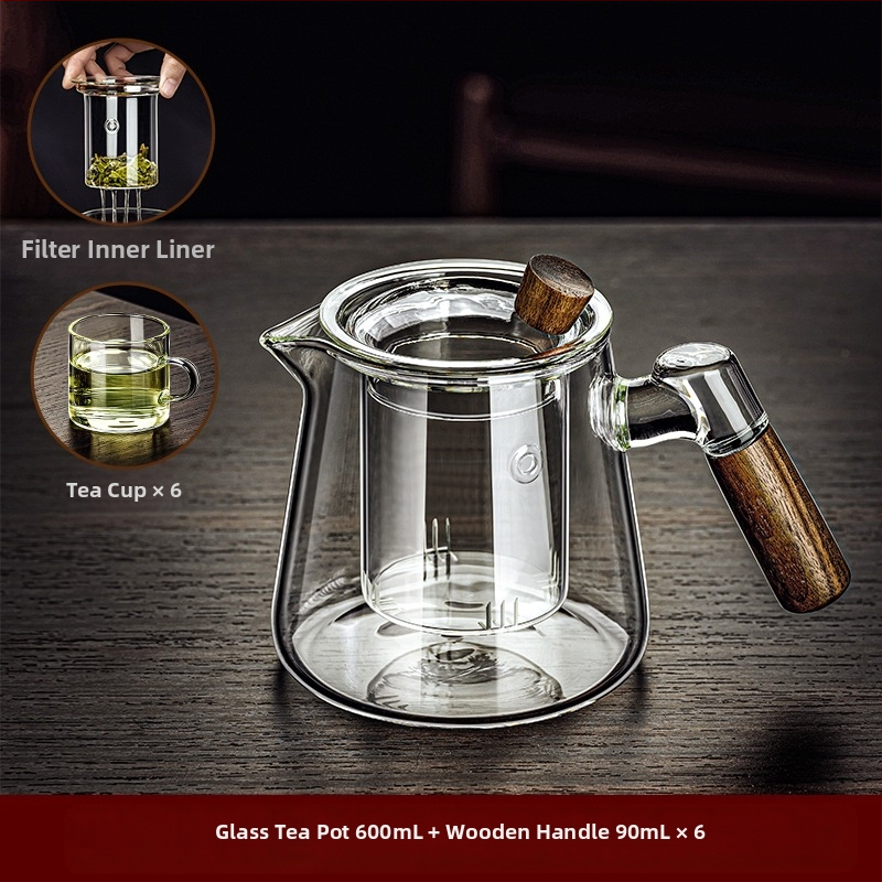 Borosilikaatklaasist pott piaoyi tass kõrge temperatuurikindel teekann tee eraldamine puidust käepide lilleline teekann majapidamises tee valmistamise teekomplekt