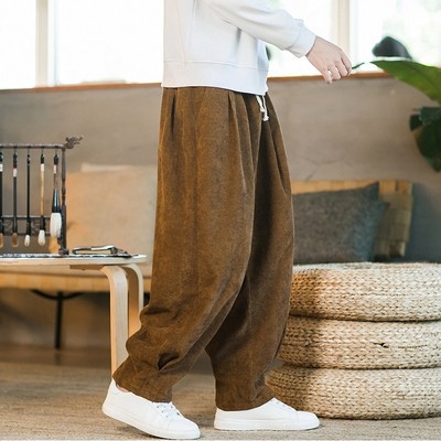 Kordbársony nadrág Férfi kínai stílusú őszi-téli polár béléssel Vastagított lezser nadrág Laza egyenes szárú nadrág plus size Harlan nadrág