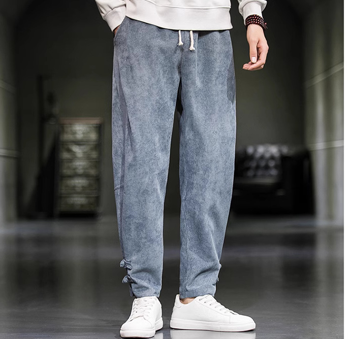 Kordbársony nadrág Férfi kínai stílusú őszi-téli polár béléssel Vastagított lezser nadrág Laza egyenes szárú nadrág plus size Harlan nadrág