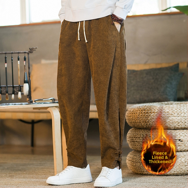 Pánske nohavice Corduroy, čínskeho štýlu, zateplené na zimu, voľný strih, rovné nohavice, plus size
