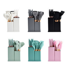 Didmeninė prekyba silikoniniais virtuvės įrankių rinkiniais, 19 dalių šaukštų rinkiniu, kepimo šaukštu, mentele, peilių laikymo kibiru, medine rankena, virtuvės įrankiais