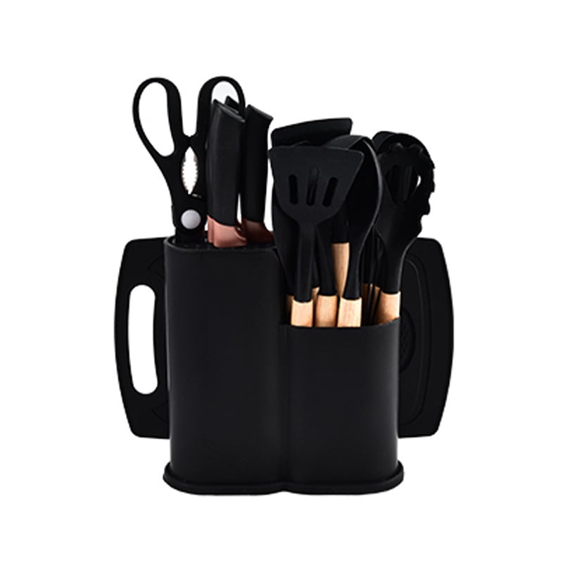 Didmeninė prekyba silikoniniais virtuvės įrankių rinkiniais, 19 dalių šaukštų rinkiniu, kepimo šaukštu, mentele, peilių laikymo kibiru, medine rankena, virtuvės įrankiais