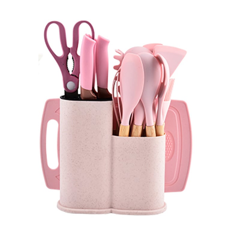 Didmeninė prekyba silikoniniais virtuvės įrankių rinkiniais, 19 dalių šaukštų rinkiniu, kepimo šaukštu, mentele, peilių laikymo kibiru, medine rankena, virtuvės įrankiais