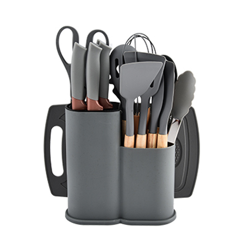 Didmeninė prekyba silikoniniais virtuvės įrankių rinkiniais, 19 dalių šaukštų rinkiniu, kepimo šaukštu, mentele, peilių laikymo kibiru, medine rankena, virtuvės įrankiais