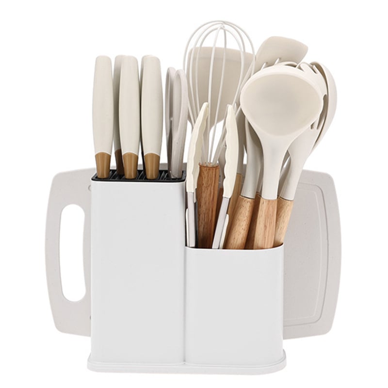 Didmeninė prekyba silikoniniais virtuvės įrankių rinkiniais, 19 dalių šaukštų rinkiniu, kepimo šaukštu, mentele, peilių laikymo kibiru, medine rankena, virtuvės įrankiais