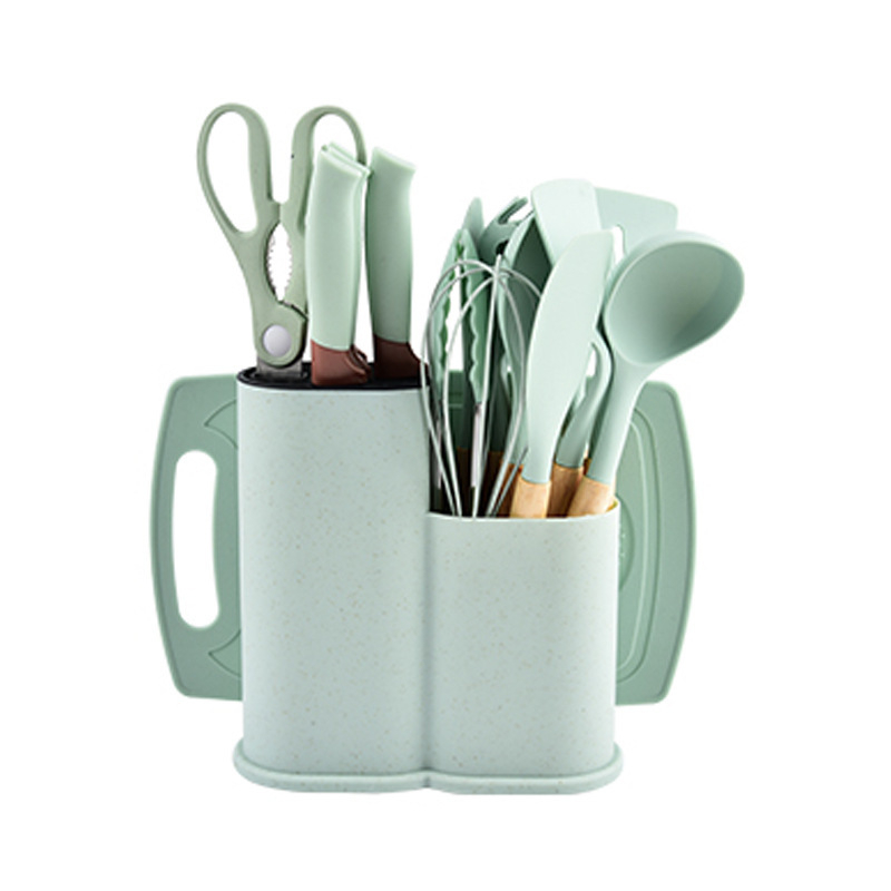 Didmeninė prekyba silikoniniais virtuvės įrankių rinkiniais, 19 dalių šaukštų rinkiniu, kepimo šaukštu, mentele, peilių laikymo kibiru, medine rankena, virtuvės įrankiais