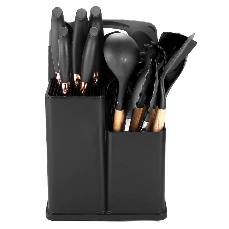 Didmeninė prekyba silikoniniais virtuvės įrankių rinkiniais, 19 dalių šaukštų rinkiniu, kepimo šaukštu, mentele, peilių laikymo kibiru, medine rankena, virtuvės įrankiais