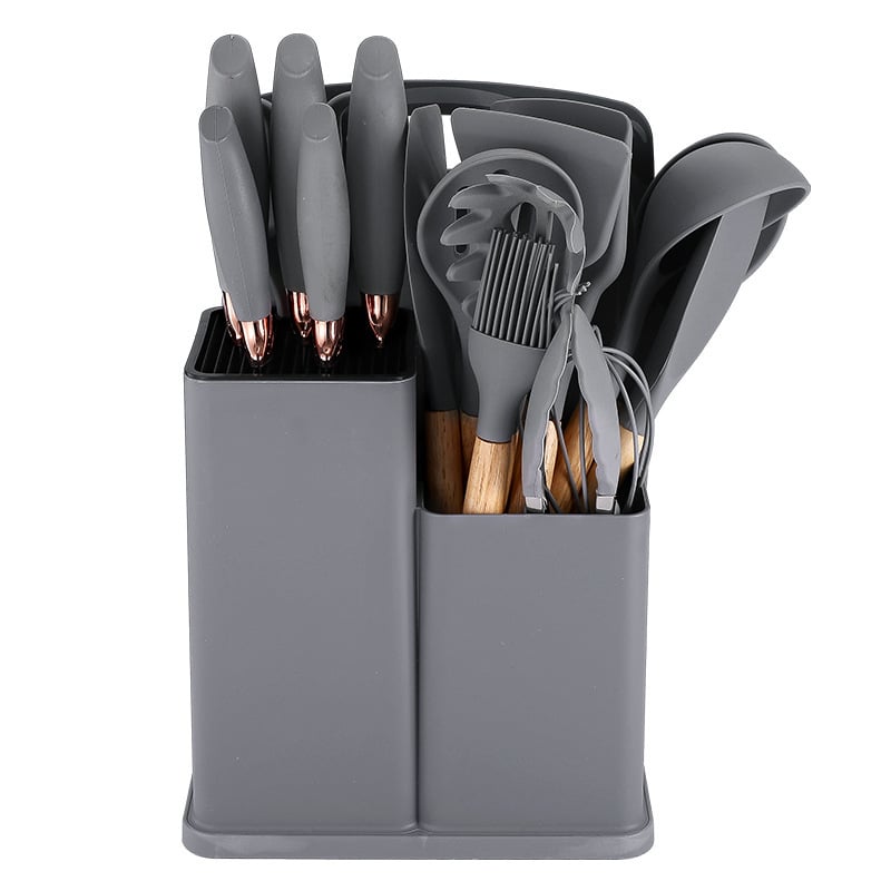 Didmeninė prekyba silikoniniais virtuvės įrankių rinkiniais, 19 dalių šaukštų rinkiniu, kepimo šaukštu, mentele, peilių laikymo kibiru, medine rankena, virtuvės įrankiais