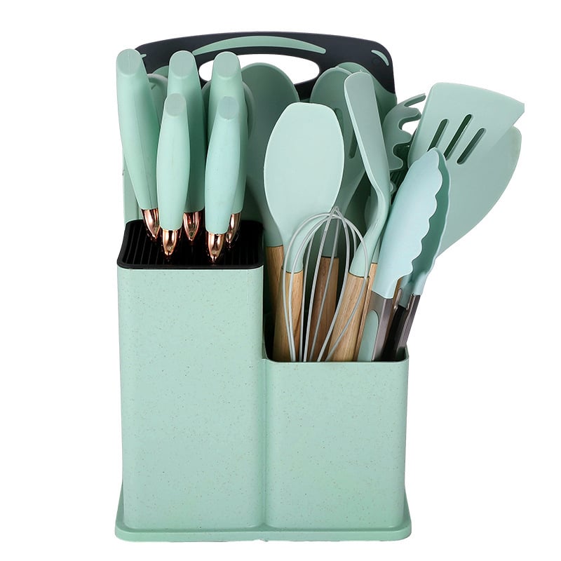 Didmeninė prekyba silikoniniais virtuvės įrankių rinkiniais, 19 dalių šaukštų rinkiniu, kepimo šaukštu, mentele, peilių laikymo kibiru, medine rankena, virtuvės įrankiais