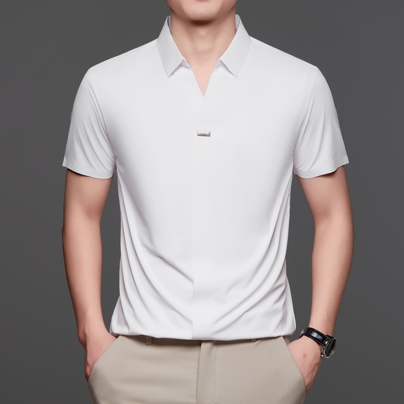 Külkereskedelmi új jég selyem rövid ujjú póló férfi üzleti alkalmi nem vasalható hajtókás inggallér póló egyszínű férfi ruházat