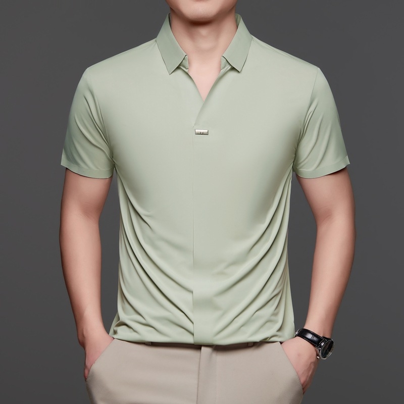 Külkereskedelmi új jég selyem rövid ujjú póló férfi üzleti alkalmi nem vasalható hajtókás inggallér póló egyszínű férfi ruházat