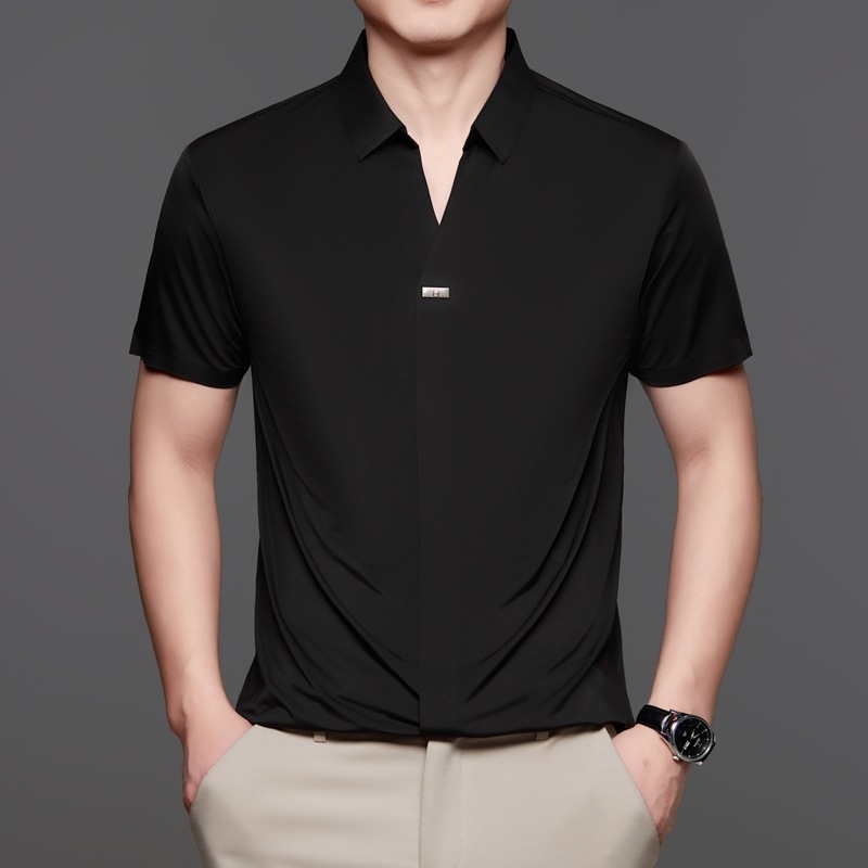 Külkereskedelmi új jég selyem rövid ujjú póló férfi üzleti alkalmi nem vasalható hajtókás inggallér póló egyszínű férfi ruházat