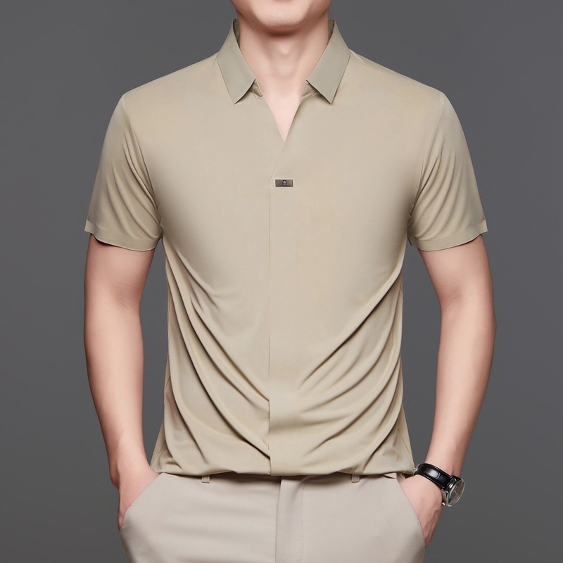 Külkereskedelmi új jég selyem rövid ujjú póló férfi üzleti alkalmi nem vasalható hajtókás inggallér póló egyszínű férfi ruházat