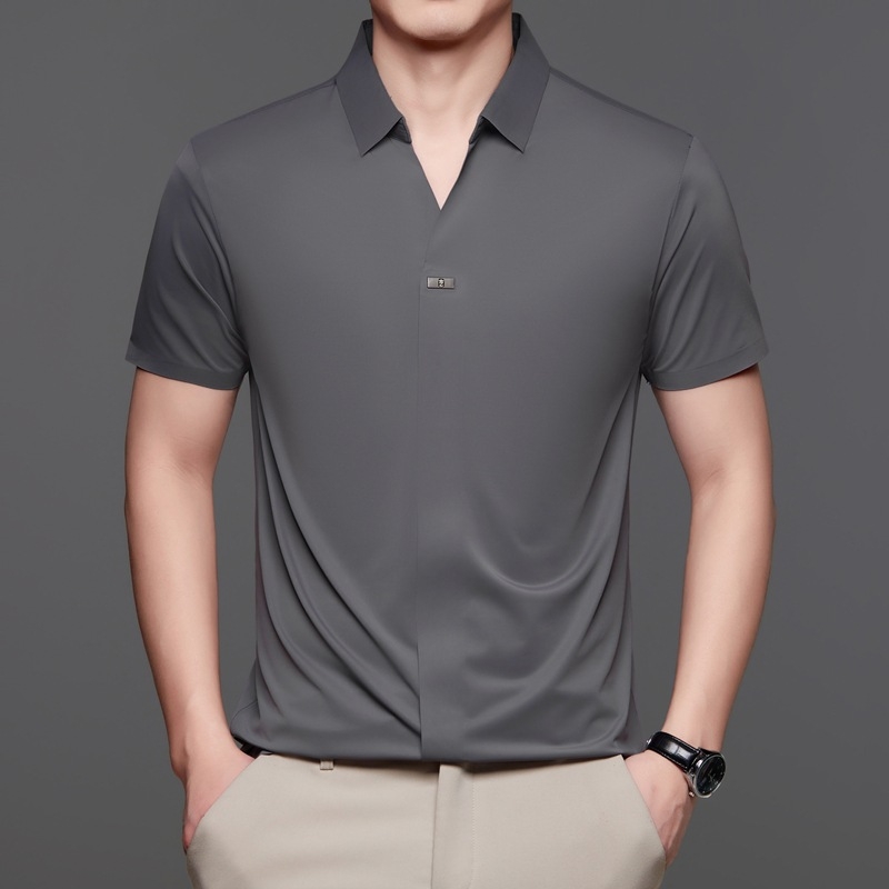 Külkereskedelmi új jég selyem rövid ujjú póló férfi üzleti alkalmi nem vasalható hajtókás inggallér póló egyszínű férfi ruházat