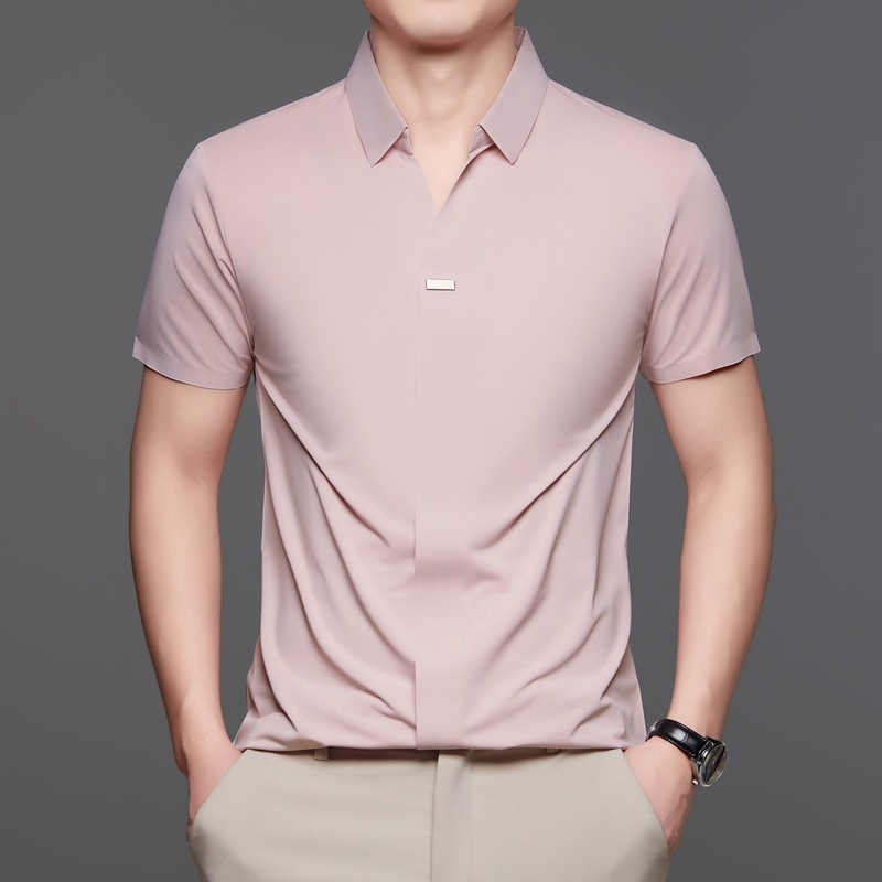 Külkereskedelmi új jég selyem rövid ujjú póló férfi üzleti alkalmi nem vasalható hajtókás inggallér póló egyszínű férfi ruházat