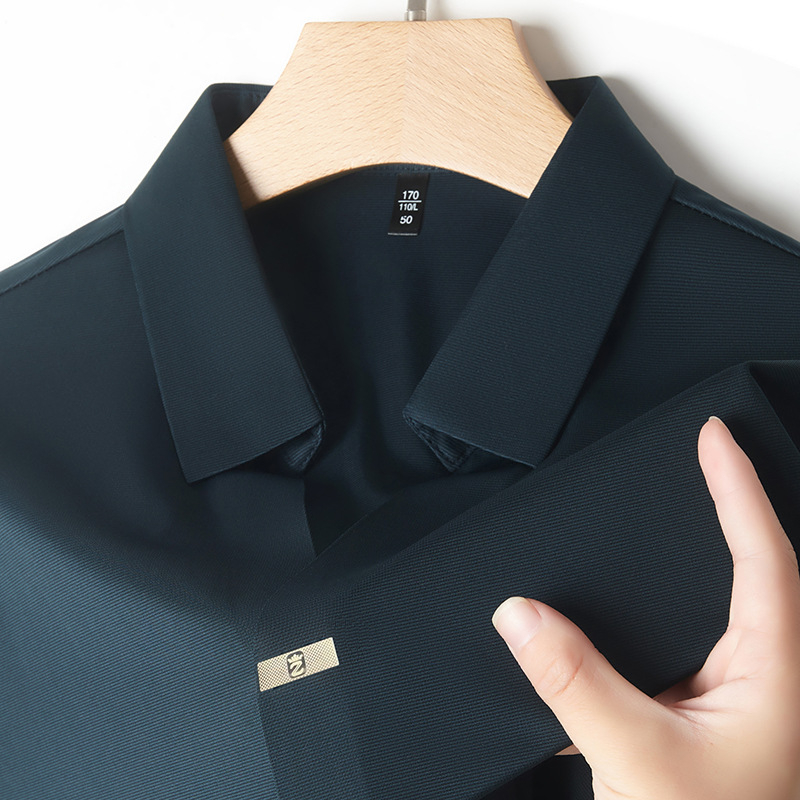 Külkereskedelmi új jég selyem rövid ujjú póló férfi üzleti alkalmi nem vasalható hajtókás inggallér póló egyszínű férfi ruházat