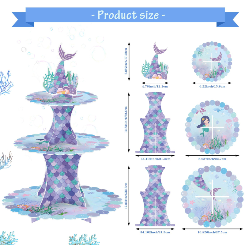 Koogialus paberist kolmekihiline sünnipäevapeo loominguline koogialuse kaunistus koomiksi merineitsi pulmamagustoidulaud