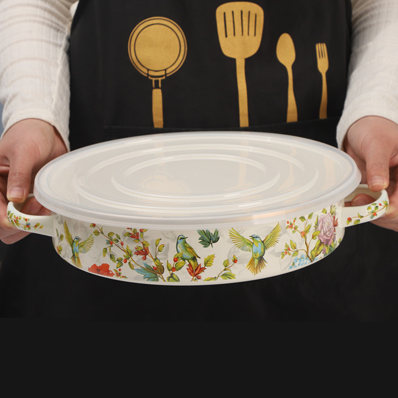 [Posibil de cuptor] Email emailat Nordic binaural emailat farfurie rotundă de copt farfurie de uz casnic tacâmuri