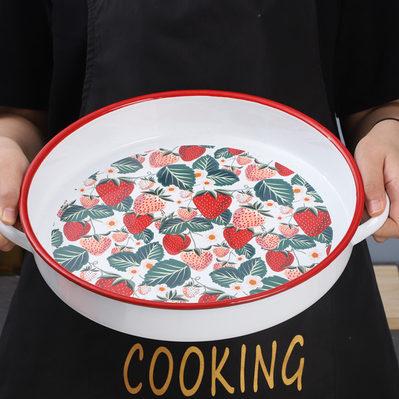 [Posibil de cuptor] Email emailat Nordic binaural emailat farfurie rotundă de copt farfurie de uz casnic tacâmuri