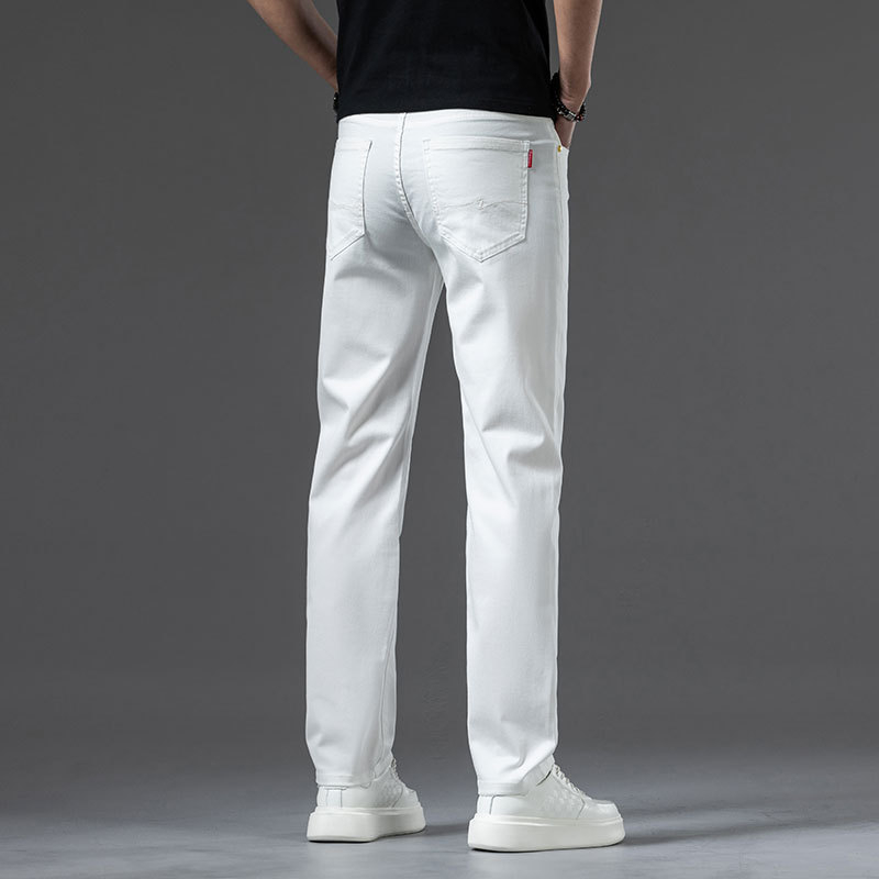 Új fehér férfi farmernadrág, egyenes szárú, bő szabású, középkorú, kiváló minőségű rugalmas, lezser, tiszta fehér férfi nadrág, őszi stílus