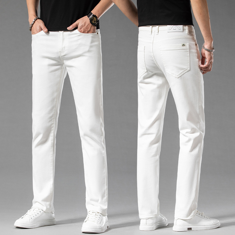 Új fehér férfi farmernadrág, egyenes szárú, bő szabású, középkorú, kiváló minőségű rugalmas, lezser, tiszta fehér férfi nadrág, őszi stílus