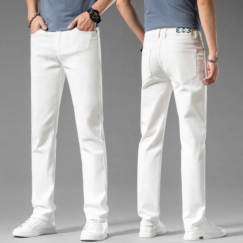 Új fehér férfi farmernadrág, egyenes szárú, bő szabású, középkorú, kiváló minőségű rugalmas, lezser, tiszta fehér férfi nadrág, őszi stílus