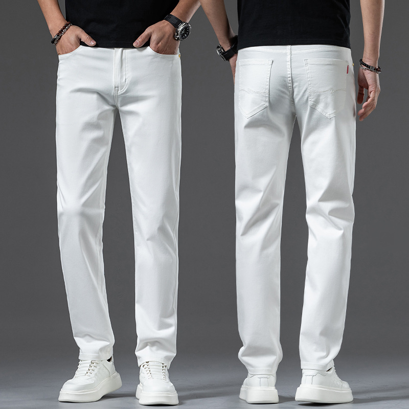 Új fehér férfi farmernadrág, egyenes szárú, bő szabású, középkorú, kiváló minőségű rugalmas, lezser, tiszta fehér férfi nadrág, őszi stílus