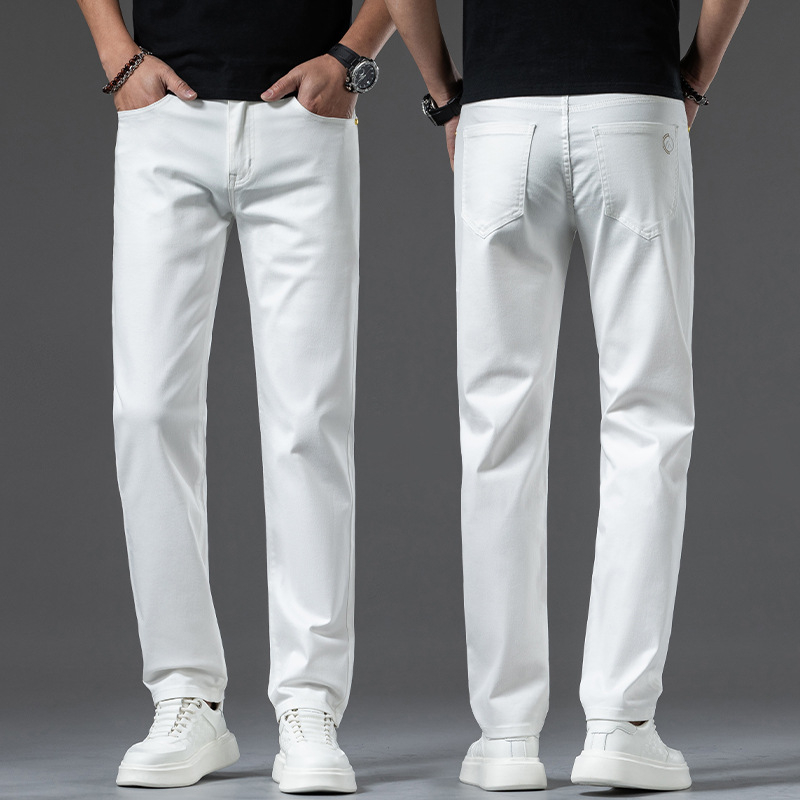 Új fehér férfi farmernadrág, egyenes szárú, bő szabású, középkorú, kiváló minőségű rugalmas, lezser, tiszta fehér férfi nadrág, őszi stílus