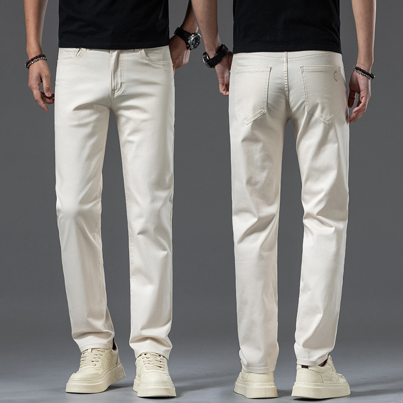 Új fehér férfi farmernadrág, egyenes szárú, bő szabású, középkorú, kiváló minőségű rugalmas, lezser, tiszta fehér férfi nadrág, őszi stílus