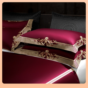 ◘ Комплект от четири италиански памучни кърпи с дълги нишки, 140 броя, червен, за сватбено легло във вила