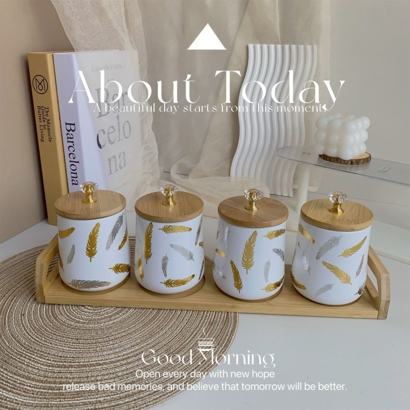 Kūrybingas keraminis sandarus stiklainis su bambuko dangteliu, virtuvės maistas, drėgmei atsparus, didelės vertės kavos arbatos stiklainis, birių indelių rinkinys namams