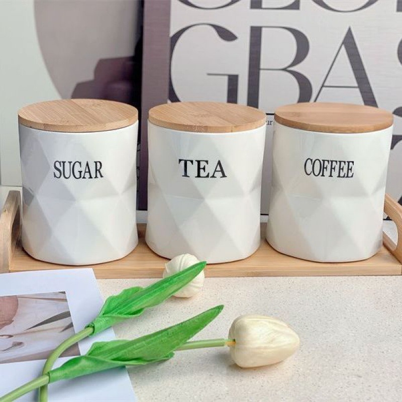 Kūrybingas keraminis sandarus stiklainis su bambuko dangteliu, virtuvės maistas, drėgmei atsparus, didelės vertės kavos arbatos stiklainis, birių indelių rinkinys namams