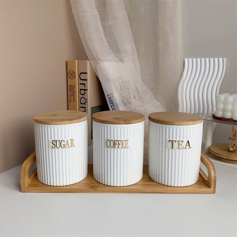 Kūrybingas keraminis sandarus stiklainis su bambuko dangteliu, virtuvės maistas, drėgmei atsparus, didelės vertės kavos arbatos stiklainis, birių indelių rinkinys namams