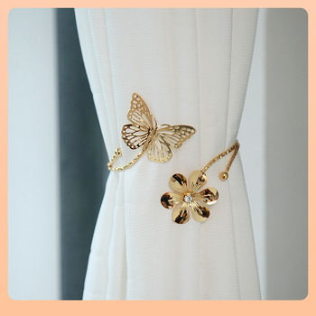 ◘ Европейски и американски трансгранични леки луксозни преувеличени флорални отворени връзки за завеси с персонализирана катарама за завеси, проста метална пеперуда