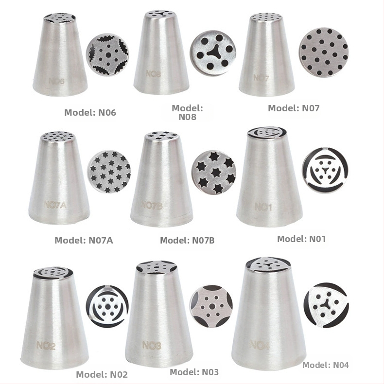 Rusiškų dekoravimo antgalių rinkinys iš 304 nerūdijančio plieno, vientisas kreminės dekoravimo antgalis, kepimo įrankis, formelė