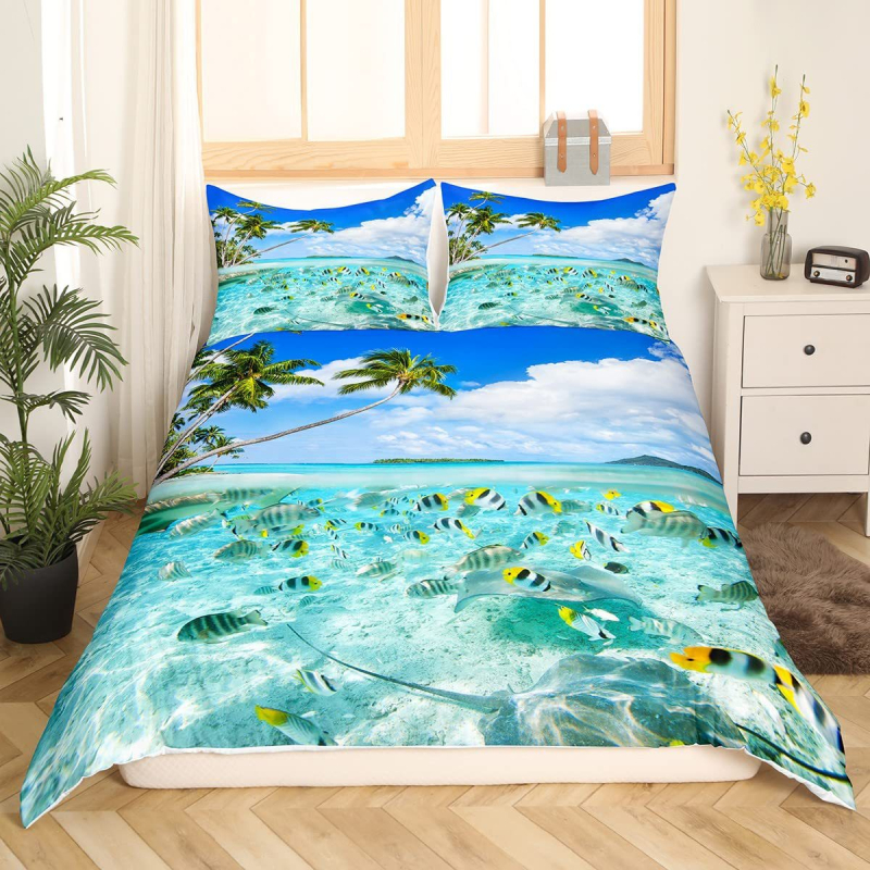Kryžminio pasienio vandenyno paplūdimio Havajų atogrąžų jūros žuvų spausdintas antklodės užvalkalas miegamojo svečių kambario patalynės dekoravimui